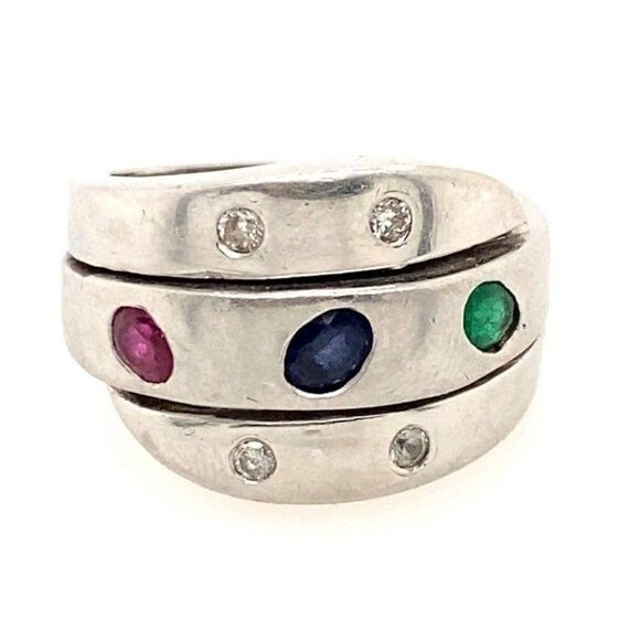 18k Diamonds, Emerald, Sapphire & Ruby Ring - Picture 1 of 16